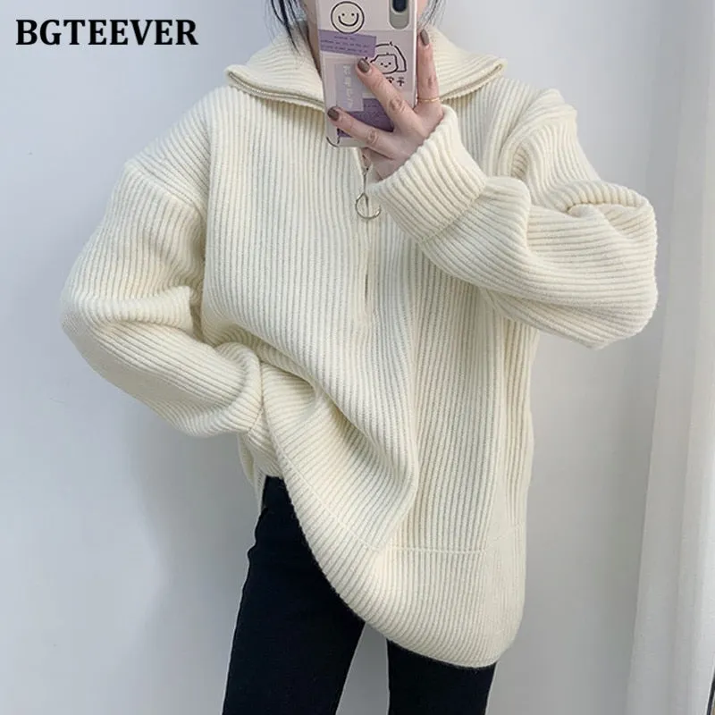 BGTEEVER Thick Turtleneck Zippers Women Sweaters Jumpers for Women 2021 Autumn Winter Loose Full Sleeve Female Knitted Pullovers