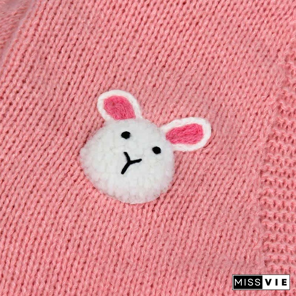 Cartoon Bunny Embroidery V-neck Knit Cardigan Sweater