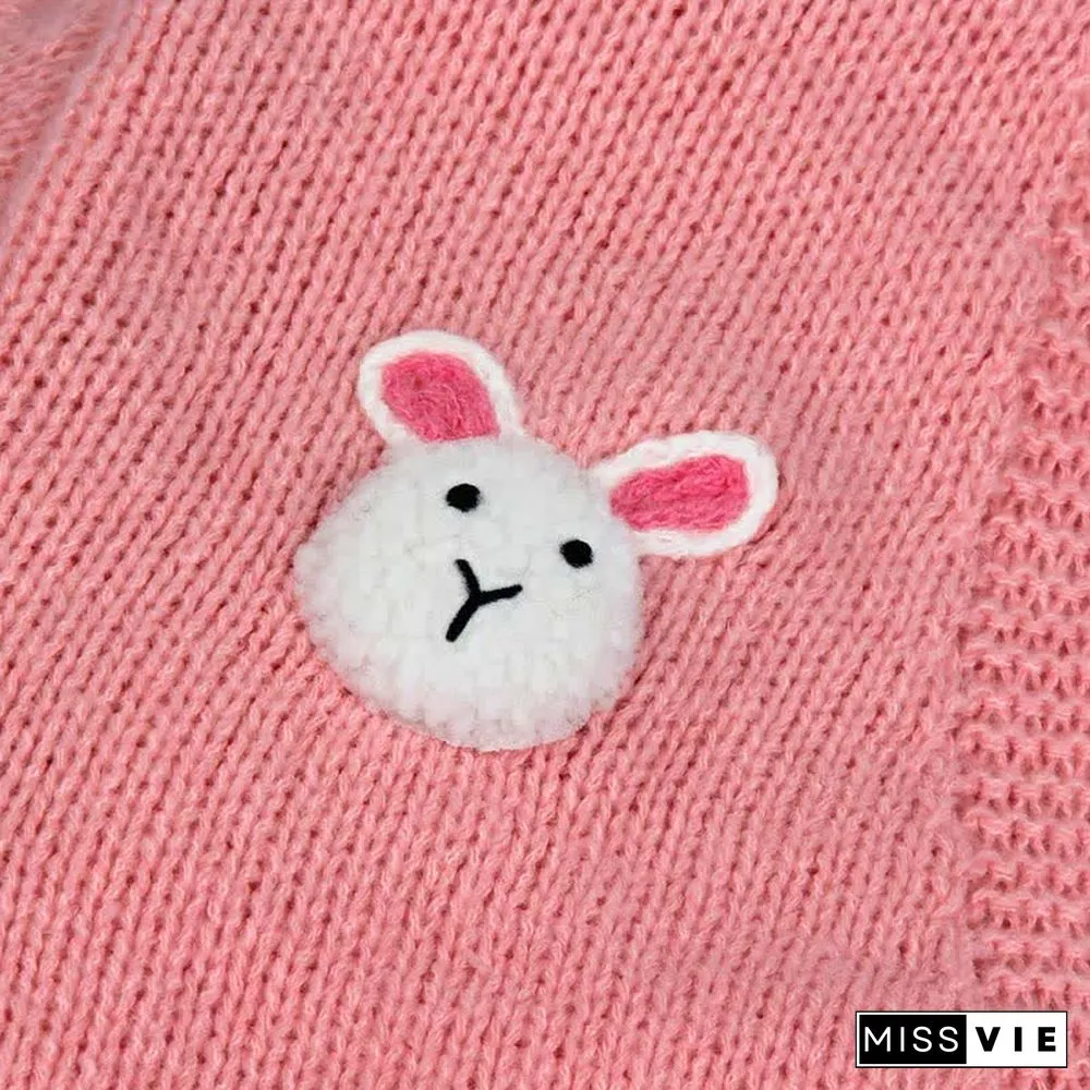Cartoon Bunny Embroidery V-neck Knit Cardigan Sweater