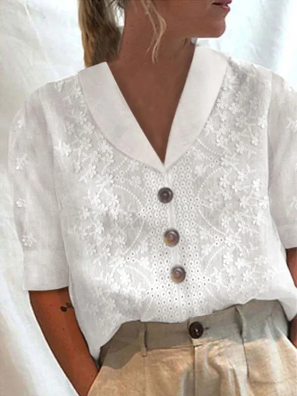 Womens Cotton Linen Lace Lapel Button Down Short Sleeve Shirt