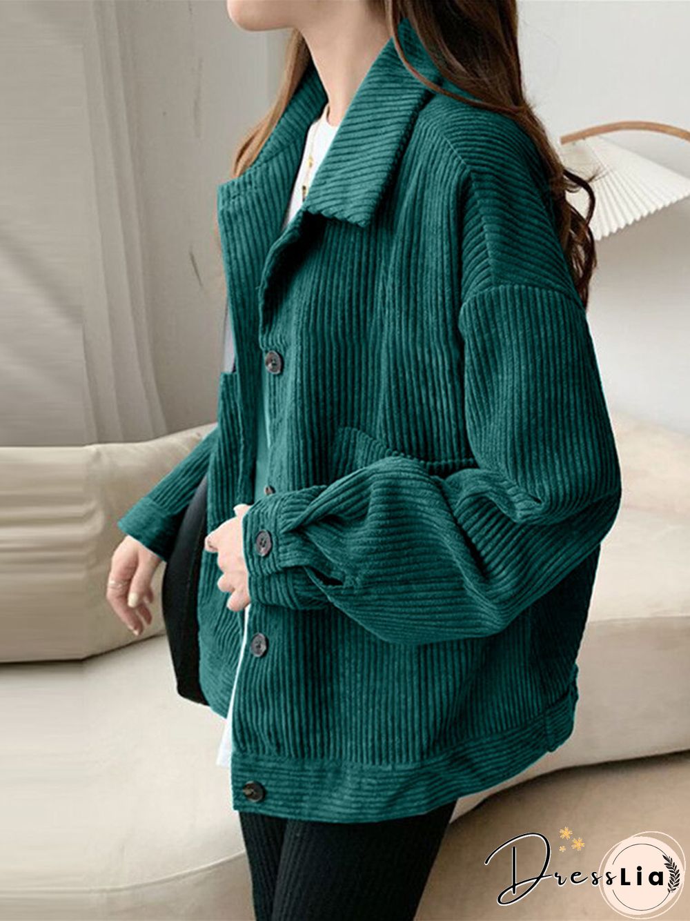 Corduroy Solid Pocket Button Loose Long Sleeve Lapel Jacket