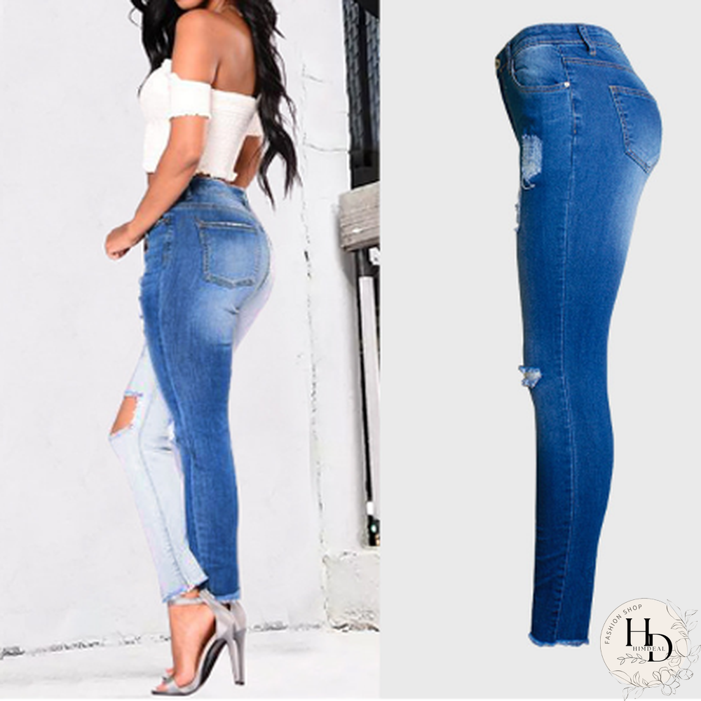 Fashion-Spring And Summer Hot Selling Small Leg Pants Broken Holes Stretch Slim Body Patchwork Color Pencil Pants Woman