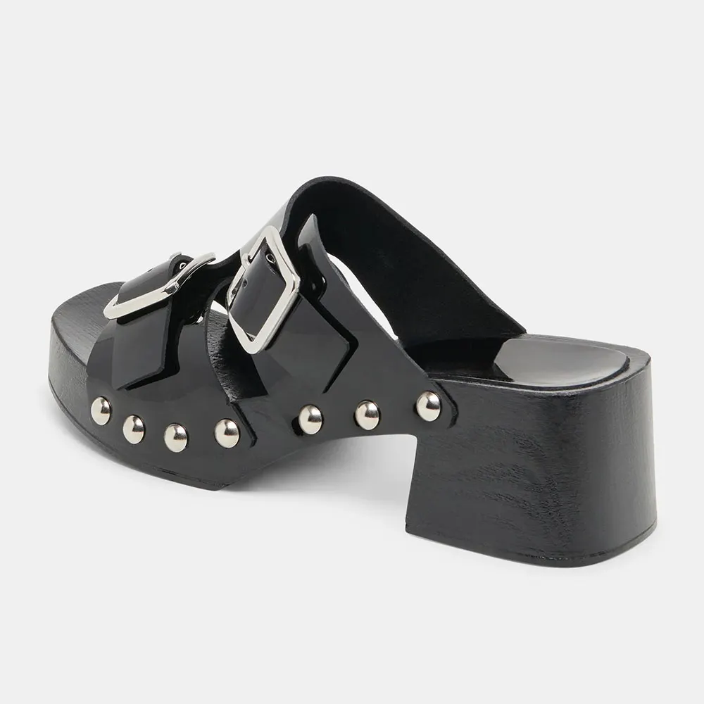 Black Open Toe Studded Slip On Platform Mule Heels with Buckles