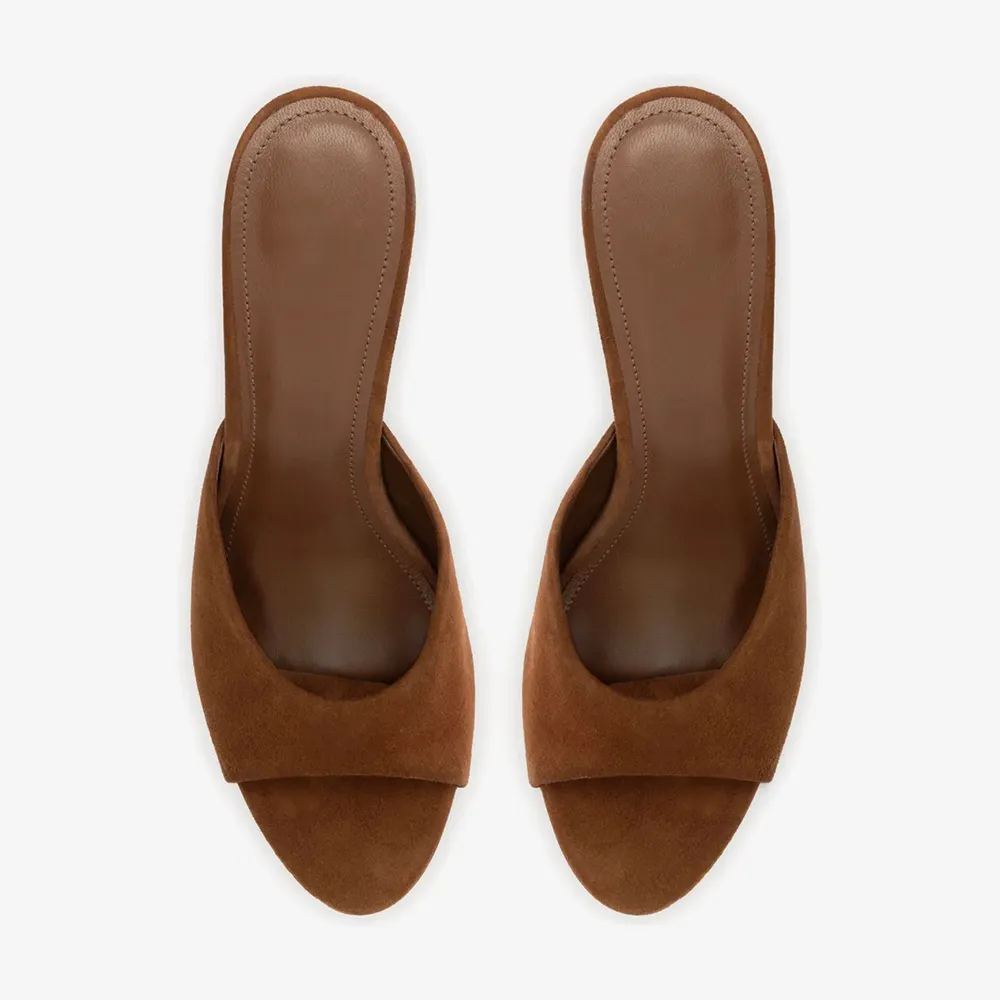 Brown Vegan Suede Slip-On Open Toe Mules Shoes with Stiletto Heel