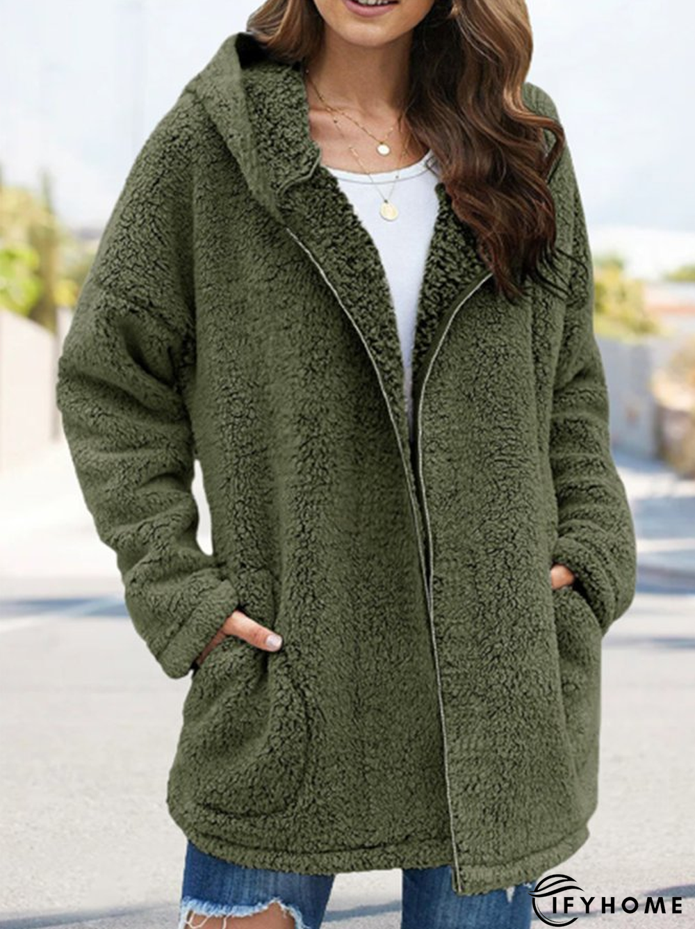 Plus Size Plain Long Sleeve Hoodie Pockets Casual Plush Coat | IFYHOME