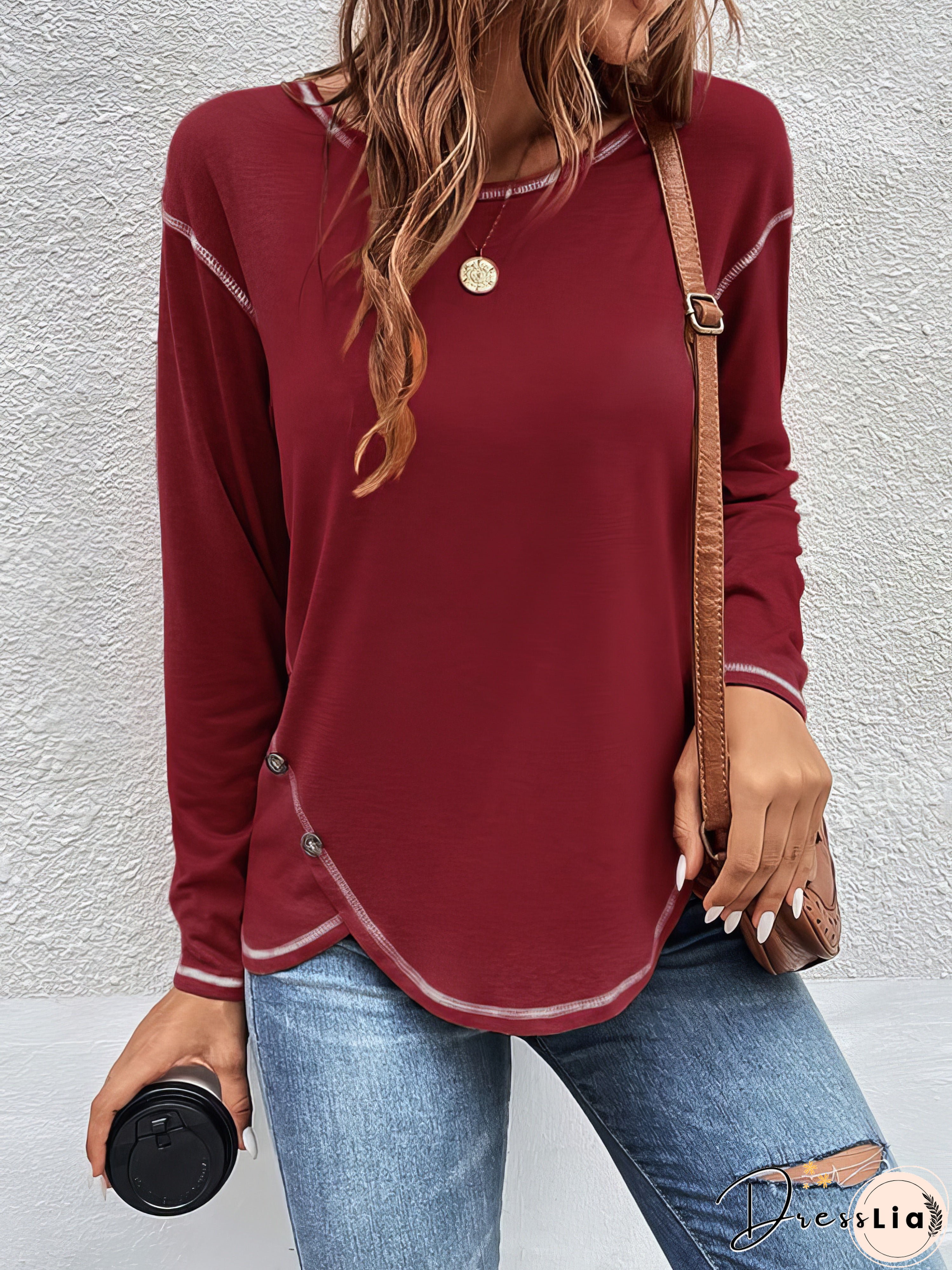 Button Irregular Long Sleeve T-Shirt
