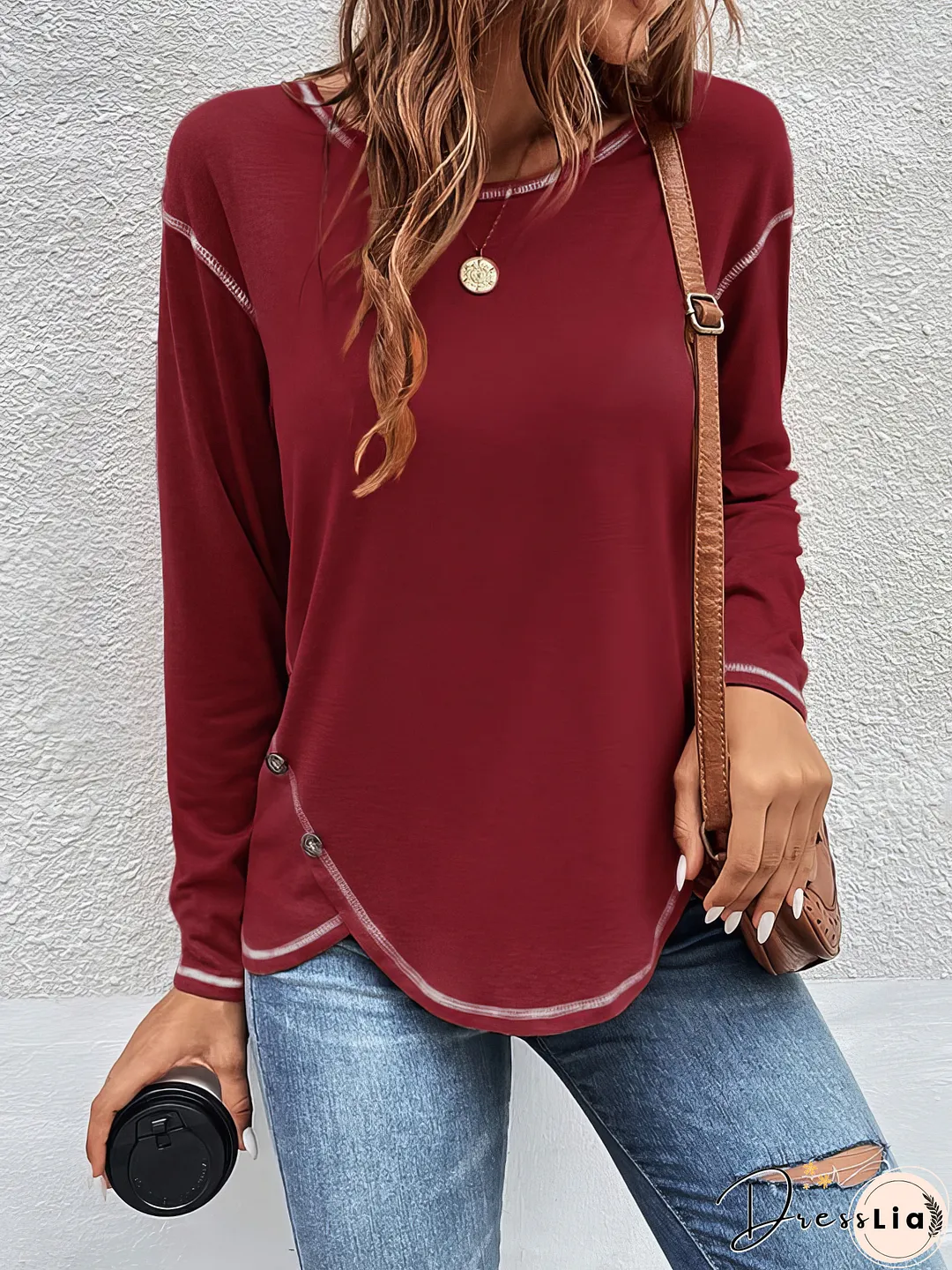 Button Irregular Long Sleeve T-Shirt