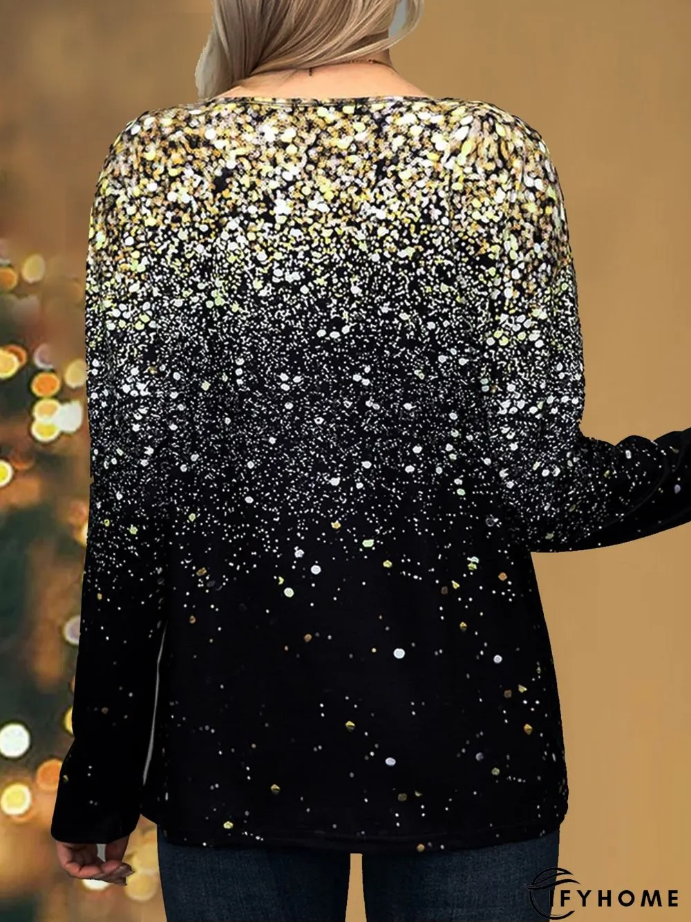 Women Casual Christmas Gradient Glittering Print Round Neck Long Sleeve T-shirt | IFYHOME