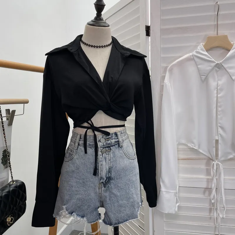 Churchf French Style With Short V-Neck Shirt Spring Sleeve Polo Collar Navel Navel Dress Top Female 881