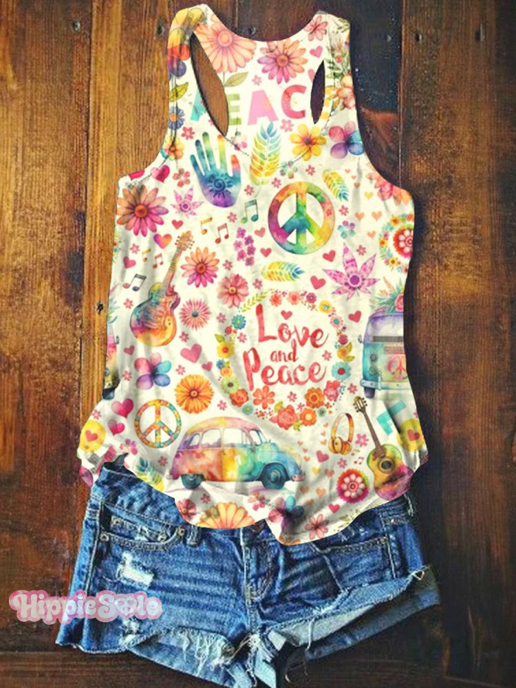 Vintage Hippie Watercolor Peace Flower Power Print Tank Top / S