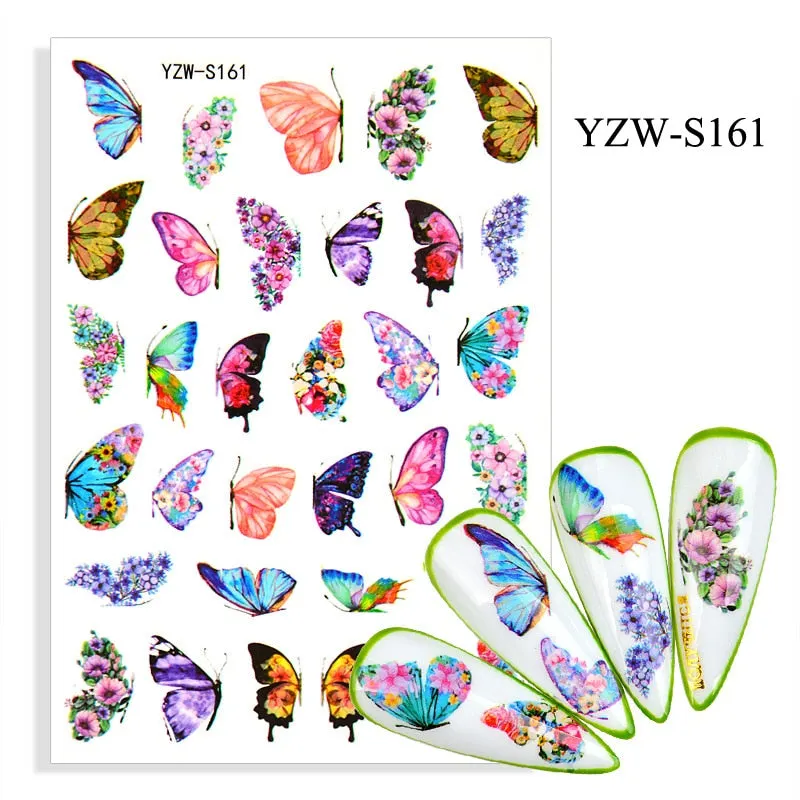 1pc Holographic Blue Nail Stickers Pink Colorful Butterfly Art Sticker With Adhesive DIY Extension Flowers Rose Nail Decoration-Nail Inspo
