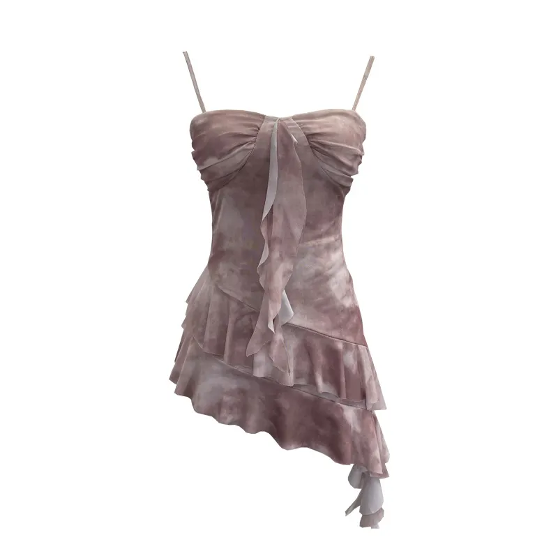 Churchf Real Shooting 2025 Spring And Summer New With Chest Cushions Dyed Mesh Sling Sling Vest Irregular Lotus Leaf Side Top 1139
