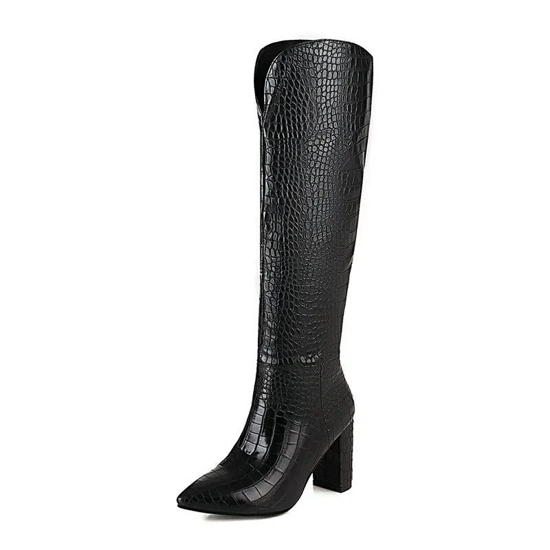 2020 Women knee high Boots Print High Heels Ladies Shoes Woman Party Dancing Pumps Basic microfiber Leather Boots size 42 43