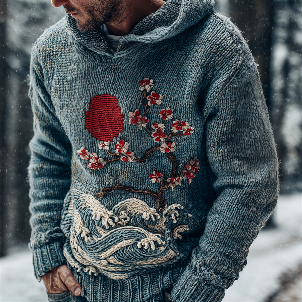 Vintage Japanese Floral Ocean Art Men's Knit Hooded Sweater
