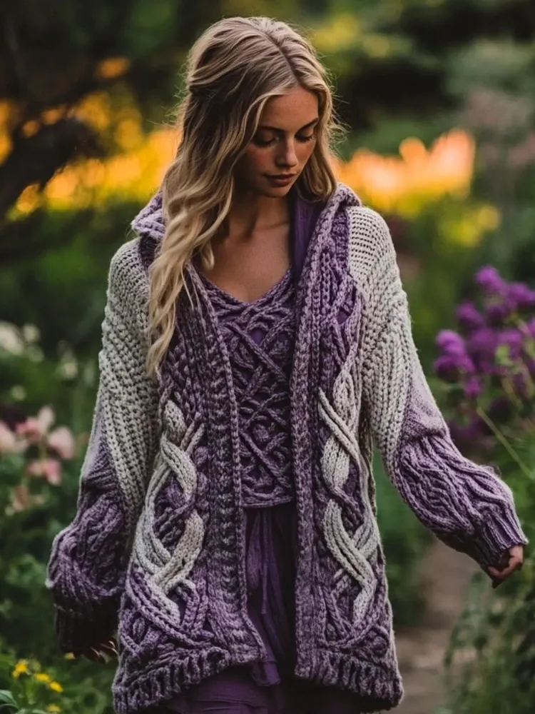 Women's Celtic Knot Gradient Color Cozy Knit Hooded Cardigan