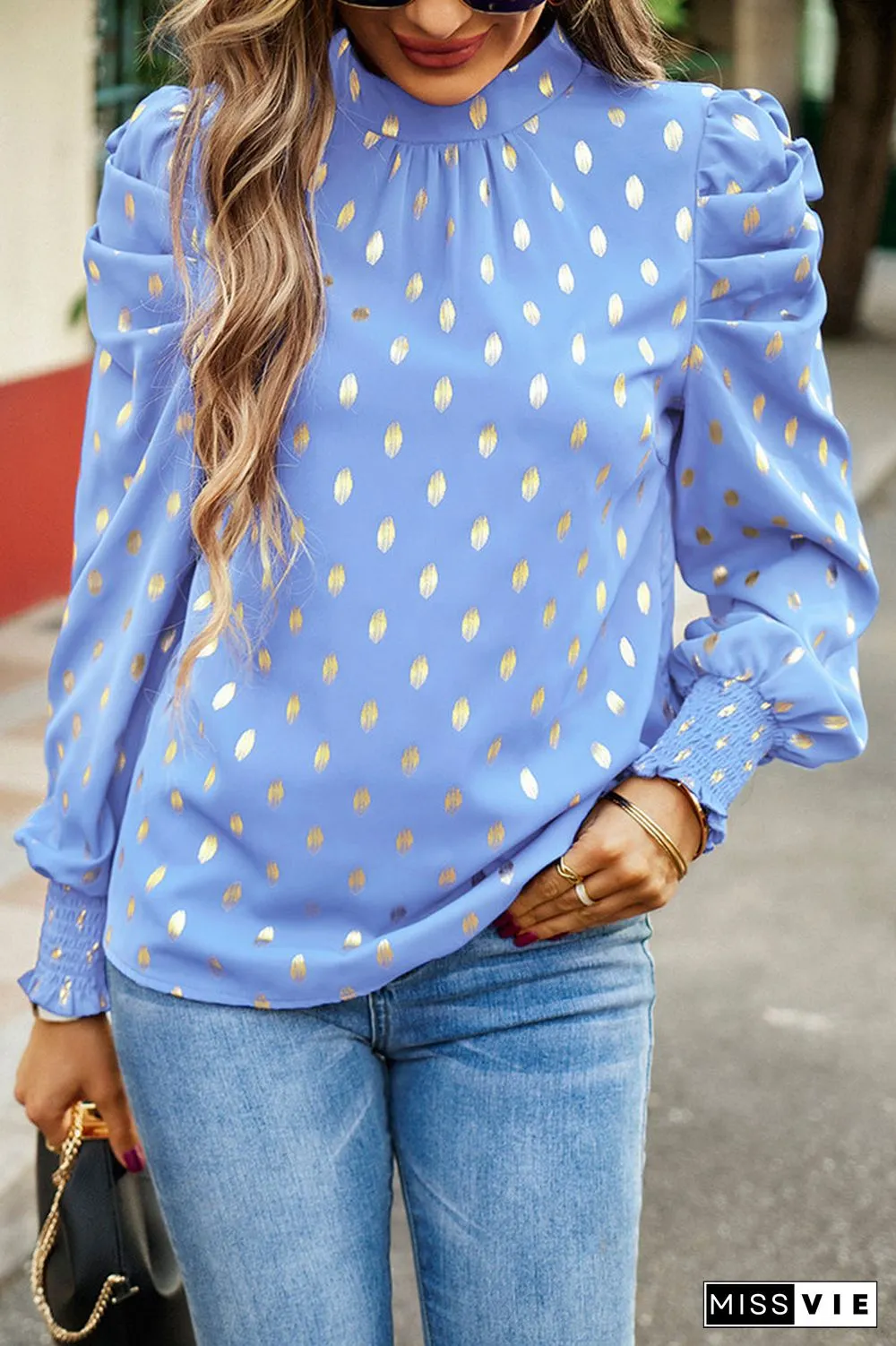 Elegant Polka Dot Fold Half A Turtleneck Tops