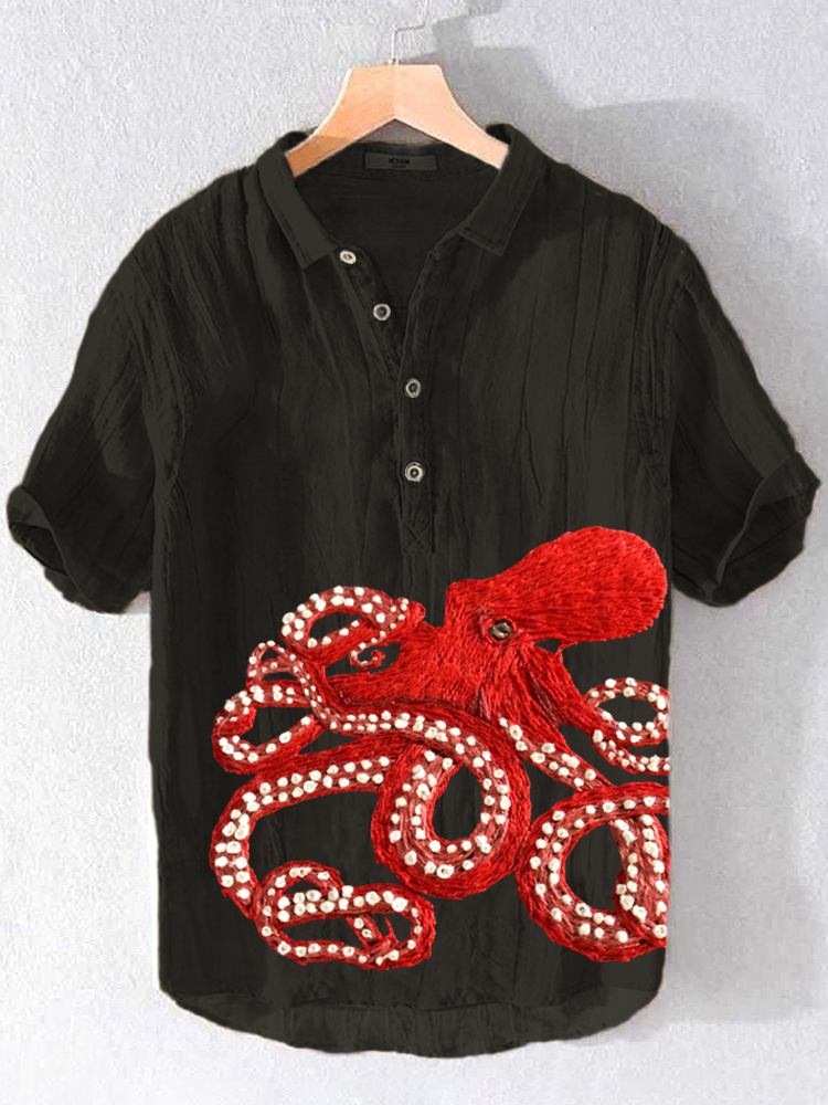 Octopus Embroidery Linen Short Sleeve Shirt  artssus