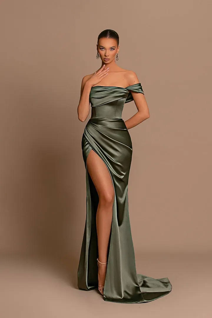 slim fit dress slacks Sage Green Formal Dress Satin Split Off The Shoulder main image 0