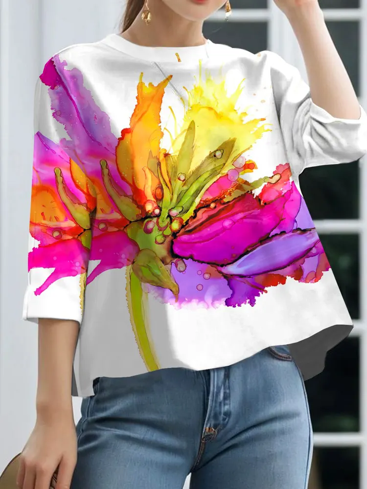 Contrast Color Flower Print Loose Three-quarter Sleeves Round-neck T-Shirts Tops