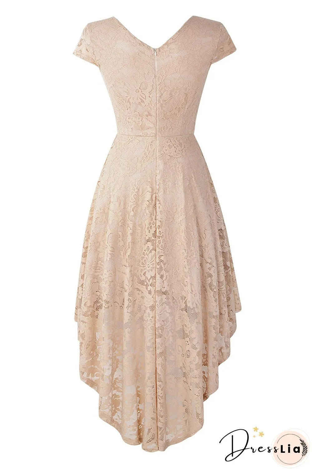 Champagne V Neck Cap Sleeve Lace Prom Dress
