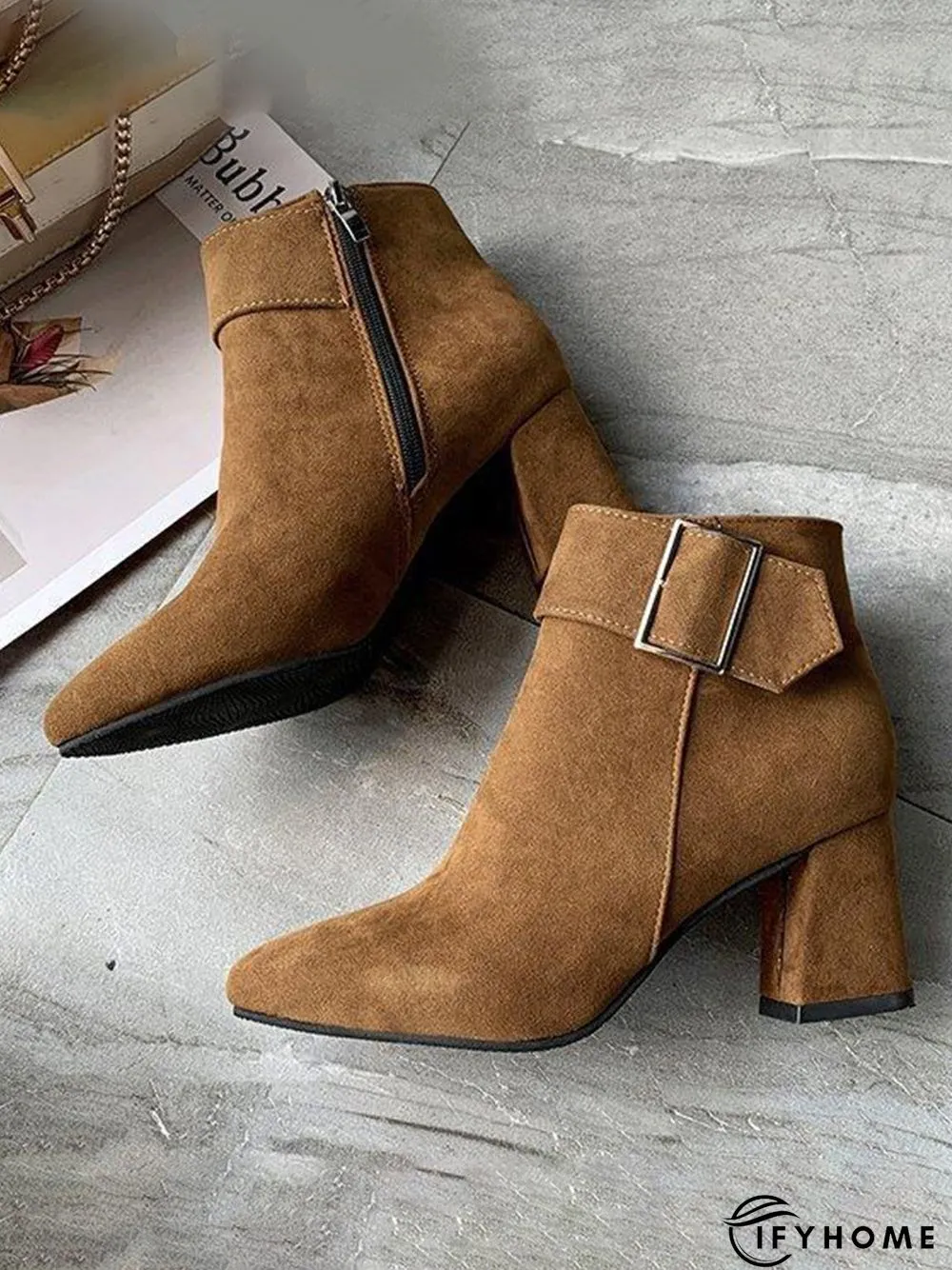 Belt Buckle Chunky Heel Pointed Toe Booties | IFYHOME