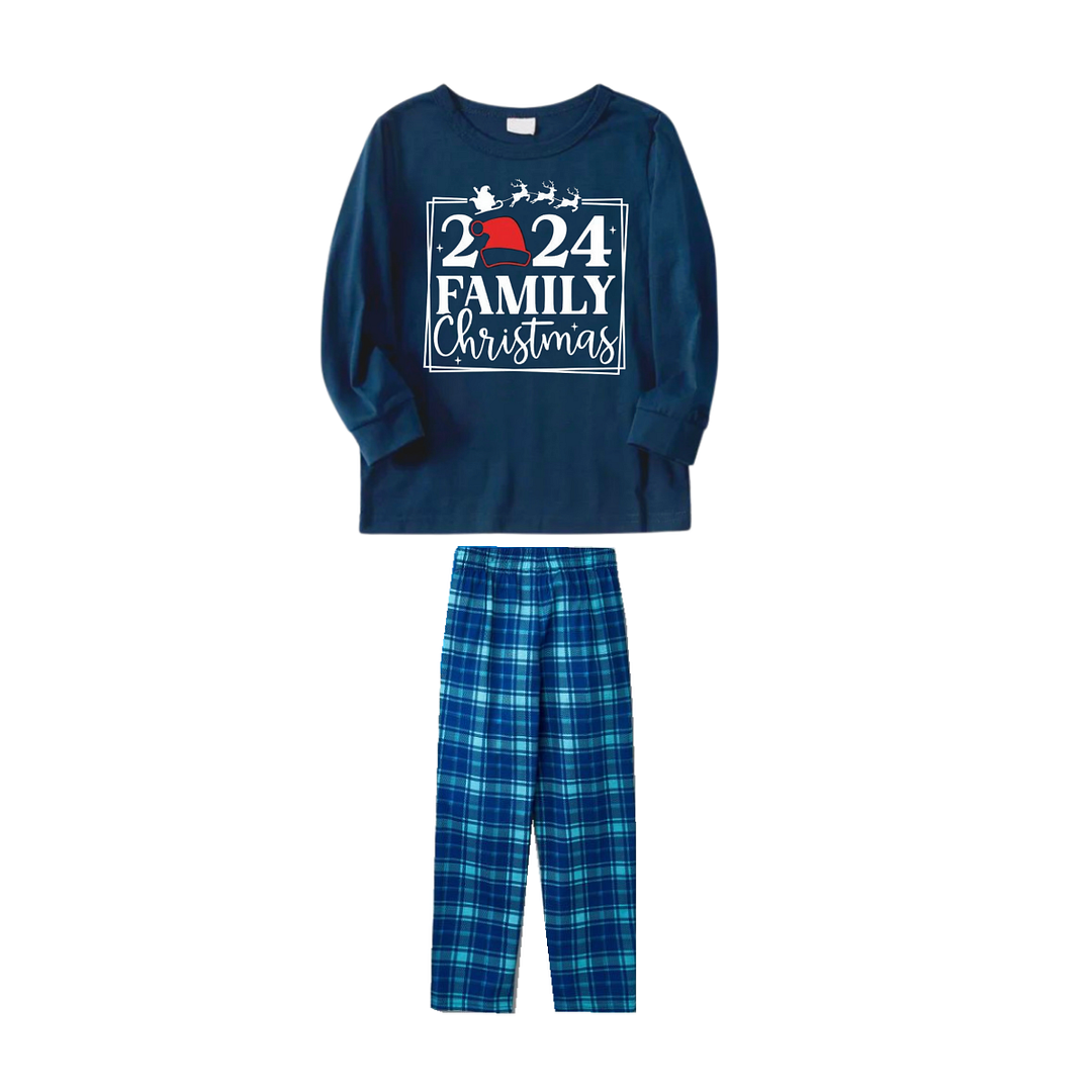 "2024 FAMILY CHRISTMAS" Text and Sleigh Pattern - Blue Long Sleeve Top With Blue Plaid Family Matching Pajamas