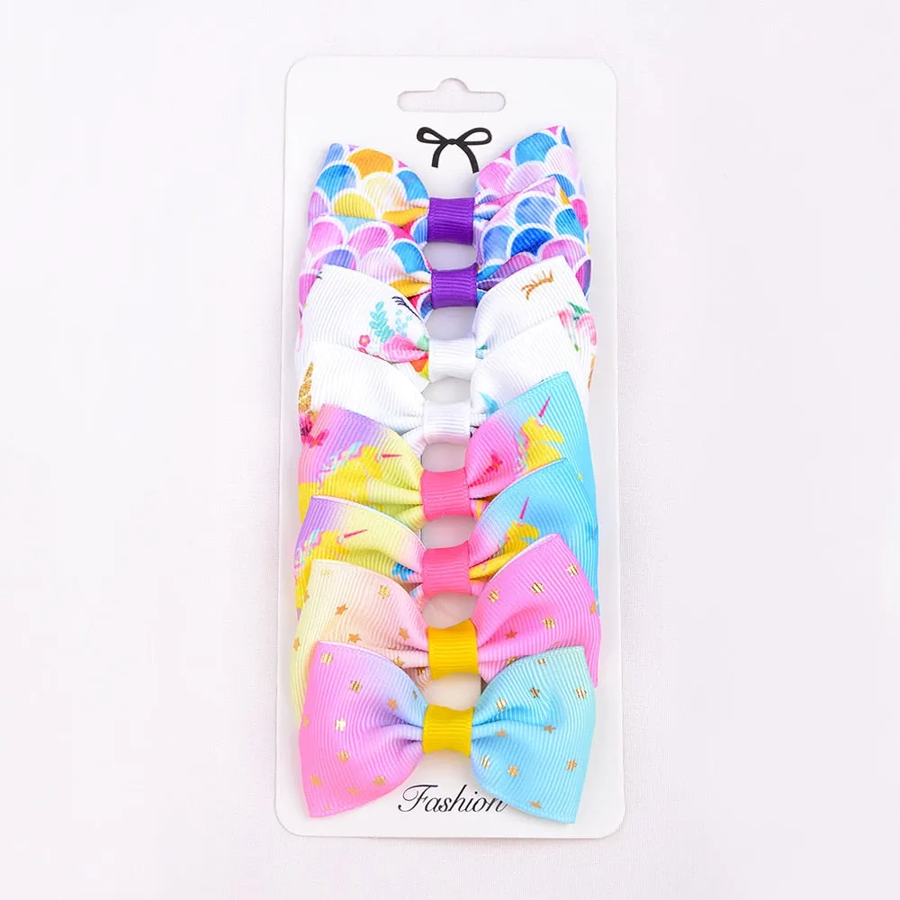 8 Pcs/set Grosgrain Ribbon Print Hair Bows With Clip For Cute Girls Hair Clips Hairpins Barrettes Headwear Kids Hair Accessories