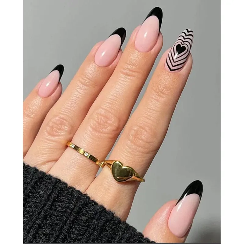24Pcs Coffee Color With Grids Heart Designs False Nail Full Cover Fake Nails with Glue Detachable Wearable Manicure Nail Tips-Nail Inspo