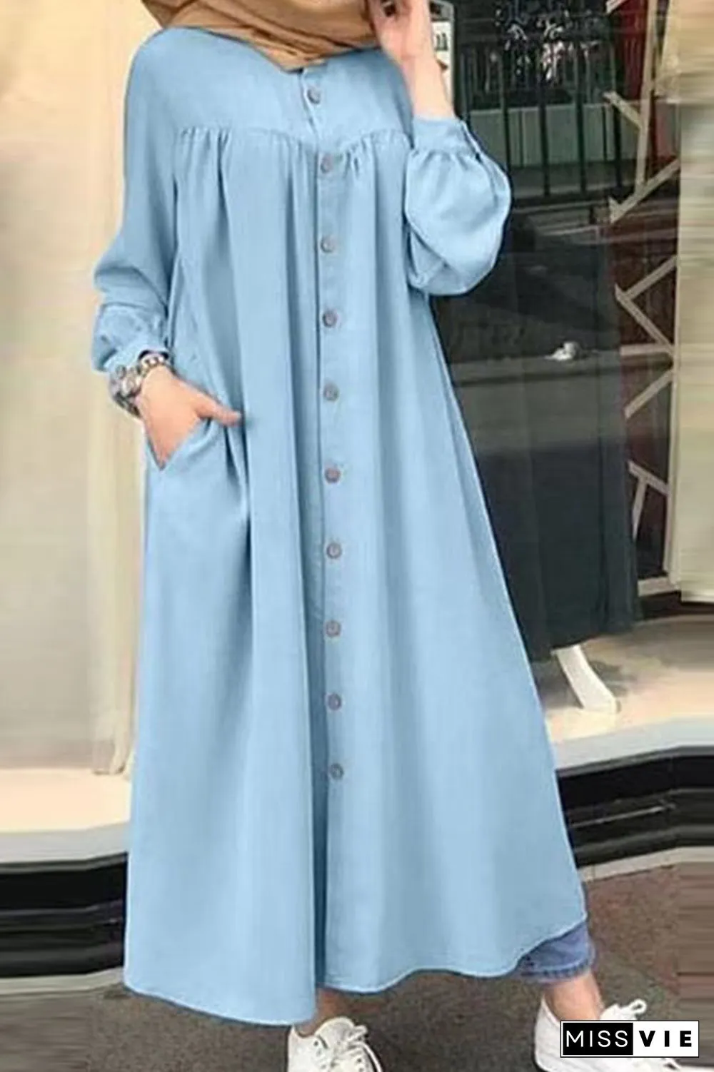Casual Solid Buckle Mandarin Collar Shirt Dress Dresses(5 colors)