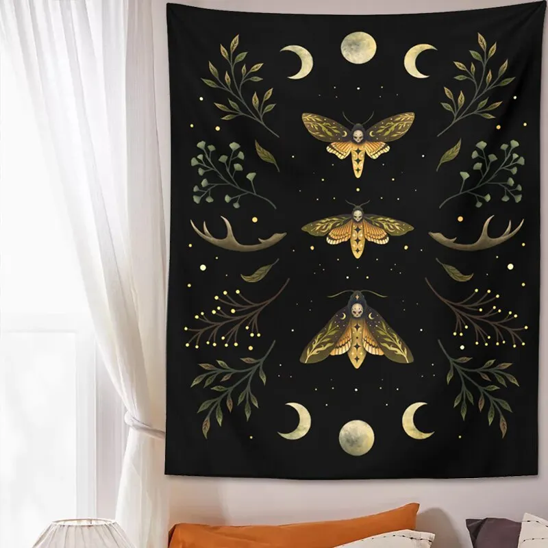 Moon Phase Wall Hanging Tapestry Vintage Mooonlight Green Olive Leaf Black Tapestries Boho Room Art Home Decoration Accessories