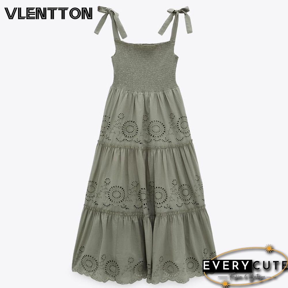 Spring Summer Women Sexy Hollow Backless Sling Midi Party Dress Fashion Patchwork Embroidery Boho Dresses Ladies Vestidos
