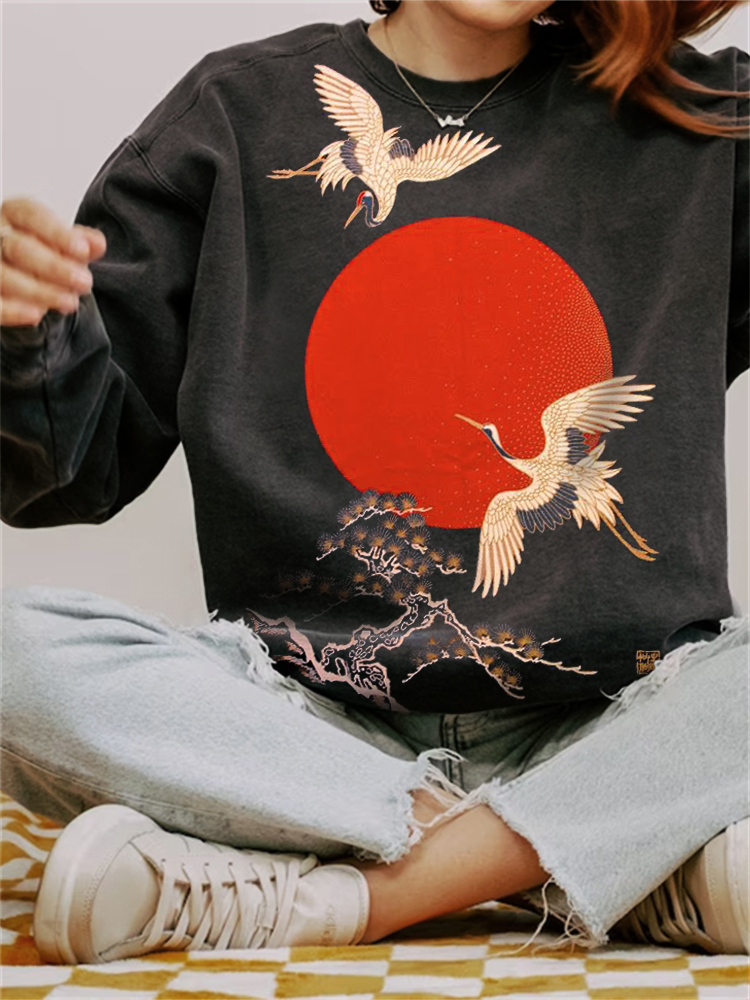 Cranes & Sunrise Japanese Art Vintage Washed Sweatshirt