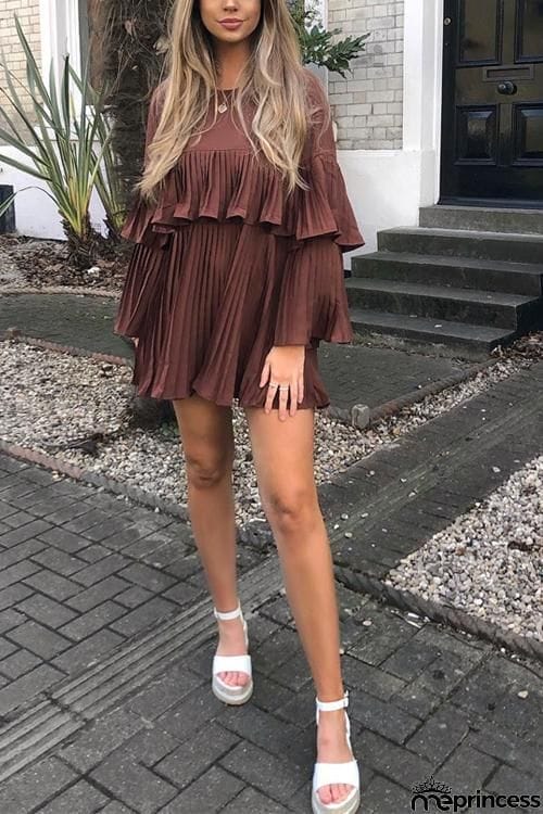 Layer Pleated Long Sleeve Mini Dress