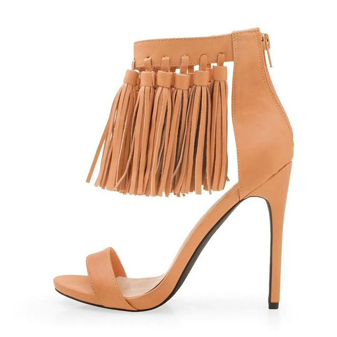 Stylish Nude Open Toe Tassels Decor Ankle Strap High Heels Sandals