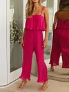 Spaghetti-Neck Falbala Backless Solid Color Casual Jumpsuit