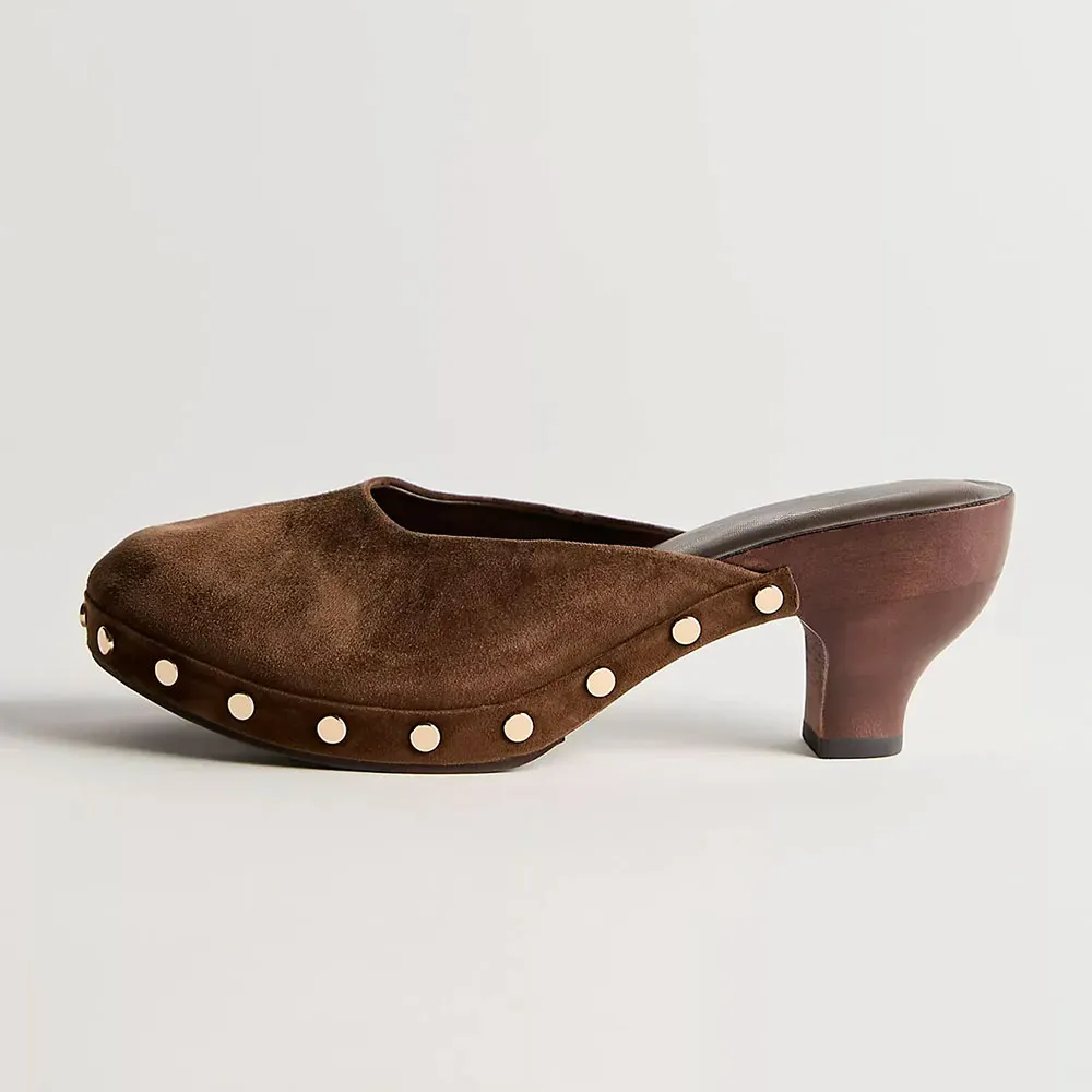 Brown Vegan Suede Round Toe Studded Sculptural Heel Mules Shoes