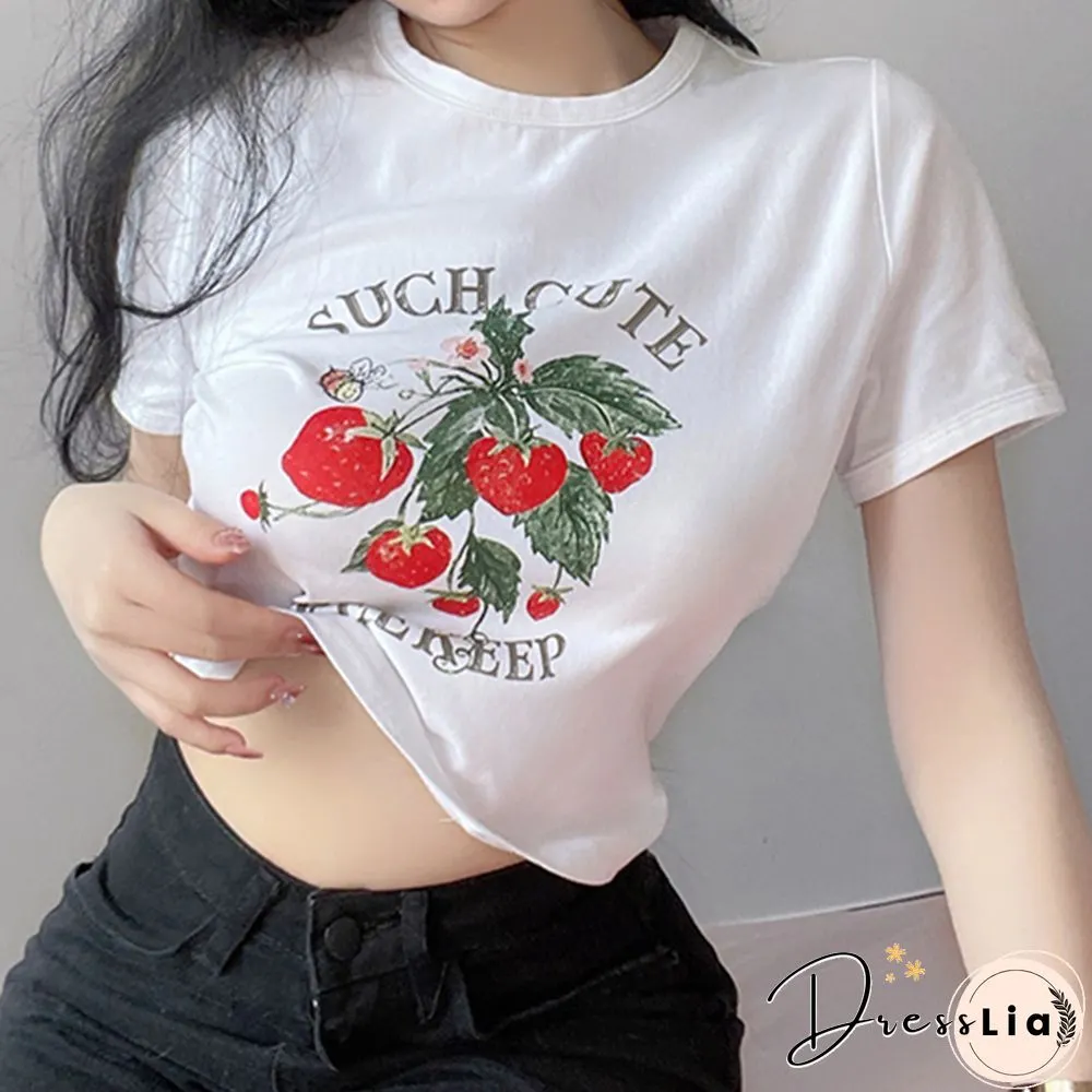 Cute Kawaii Strawberry Print Crop Tops Women Fairycore Short Sleeve Tshirt Aesthetic Harajuku Clothes Streetwear