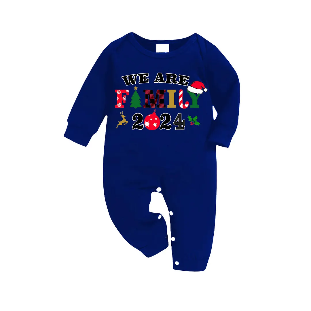2024"We Are Family" Colorful Monogram Prints Contrast Blue Long Sleeve with Versatile Blue and White Plaid Pants Family Matching Pajamas