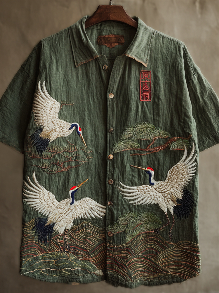 Japanese Cranes & Pine Trees Embroidered Linen Shirt