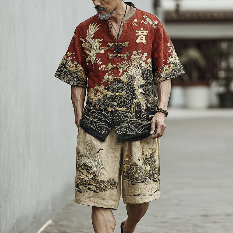 Comstylish Men's Japanese Art Flying Crane And Cloud Pattern Two-piece Set