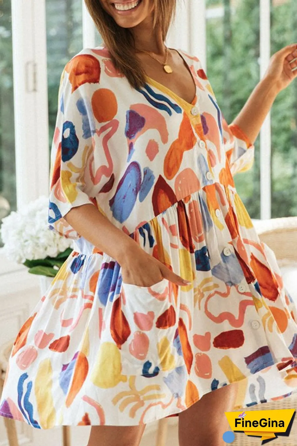 Fashion Street Print Split Joint V Neck Printed Dresses