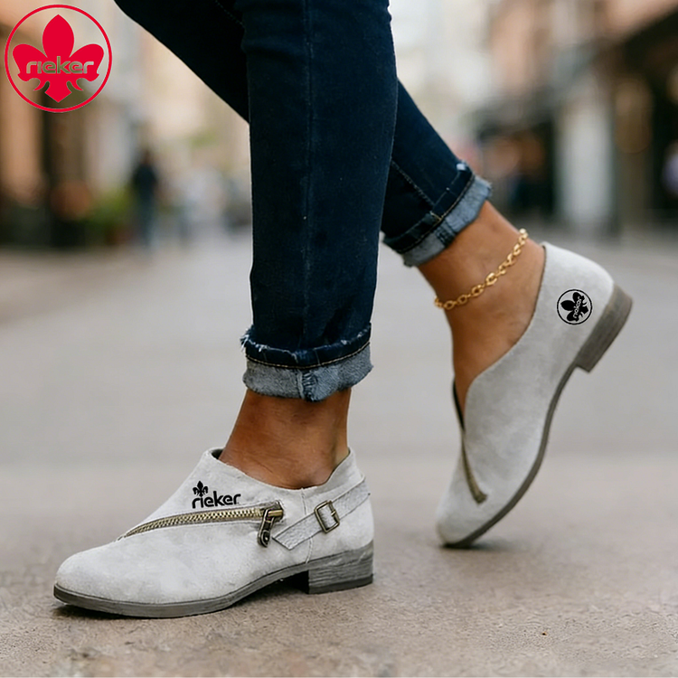 Rieker damskie casualowe buty retro z okrągłym noskiem i niskim obcasem, zapinane na zamek