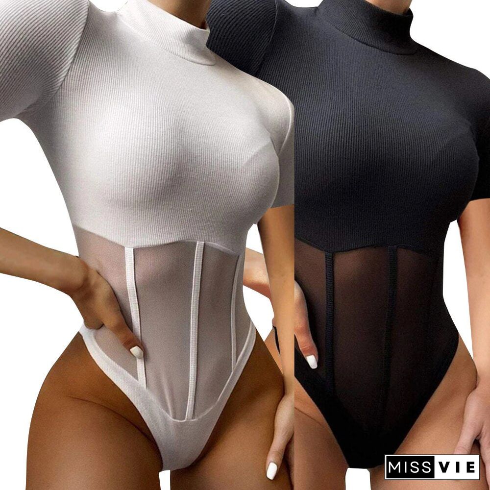 Women's Solid Short Sleeve Sheer Mesh Bodysuit Female Stretchy Jumpsuit Body Tops for Ladies Sexy Transparent Bodysuits D30