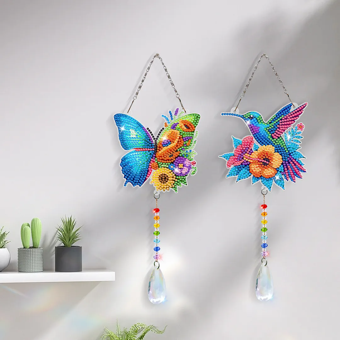 2Pcs Butterfly Hummingbird DIY Double-Sided Diamond Painting Hanging Kits Diamond Painting Suncatcher Craft Kit for Home Garden Wall Decor Gift