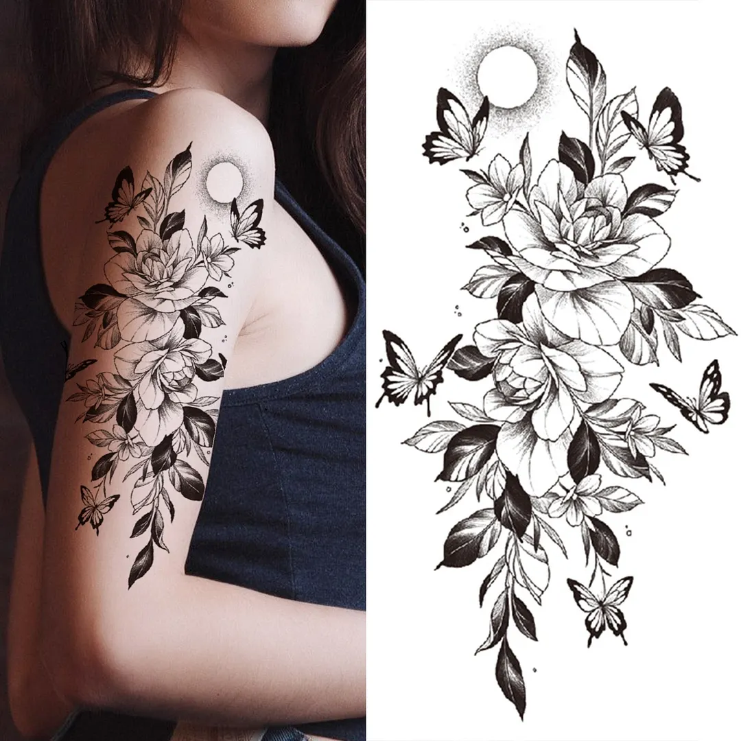 3D Snake Rose Temporary Tattoos For Women Girls Fake Flower Tattoo Sticker Black Death Eaters Dark Mark Mamba Snake Peony Tatoos 515-1