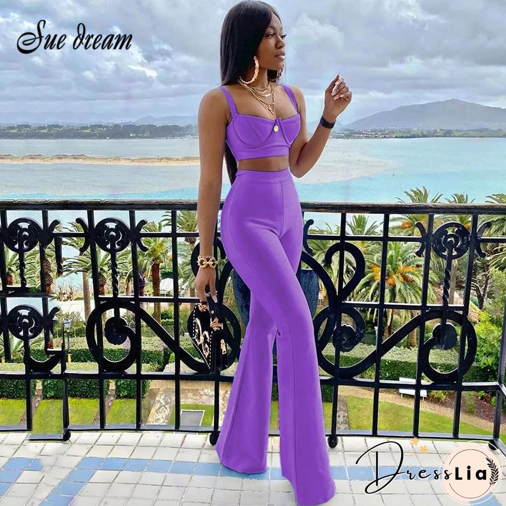 High quality Summer New Women's Set Purple Blue Two Pieces Set Bodycon Rayon Bandage Set Evening Party Sexy Fashion Outfit