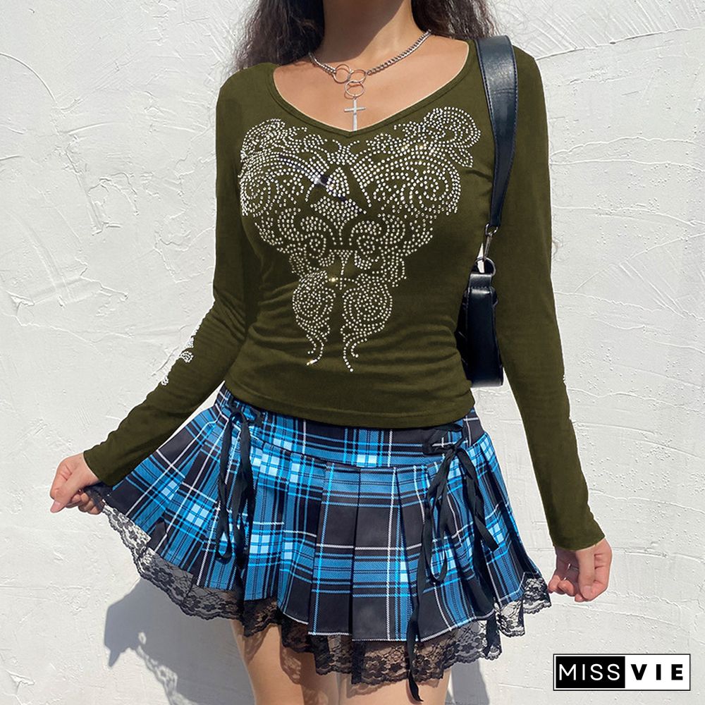 Retro Street Style Rhinestone Detail Long Sleeve Tee