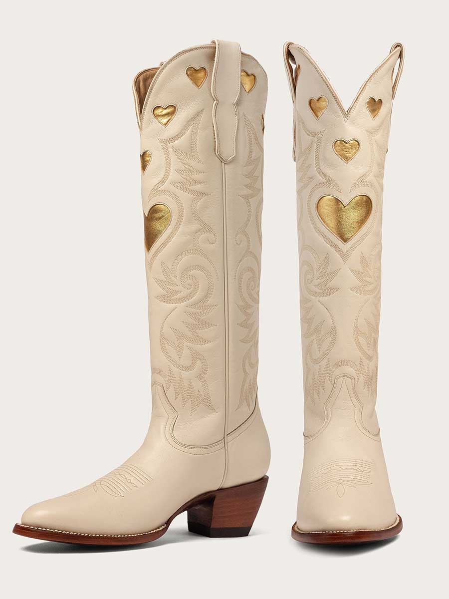 Ivory Chunky Heel Gold Heart Inlay Embroidered Knee High Cowboy Boots