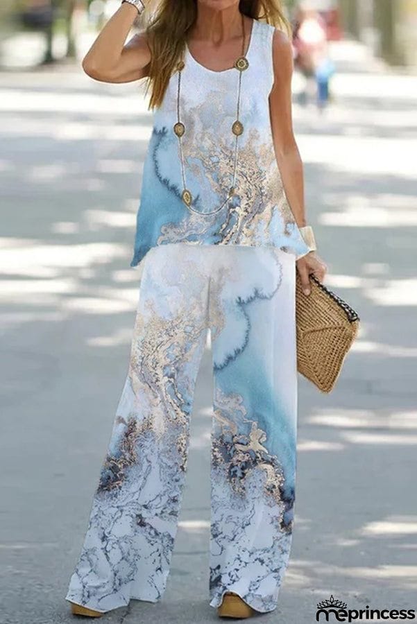 Simply Flourishing Printed Loose Tank and Wide Leg Pants Set