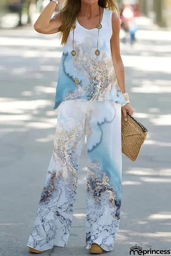 Simply Flourishing Printed Loose Tank and Wide Leg Pants Set